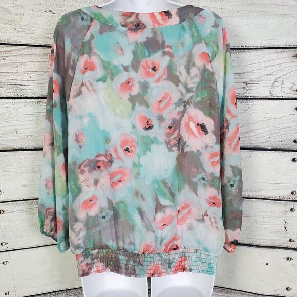 Zac & Rachel Women’s Floral Sheer Blouse Tie Neck Long Sleeve L - Picture 3 of 7
